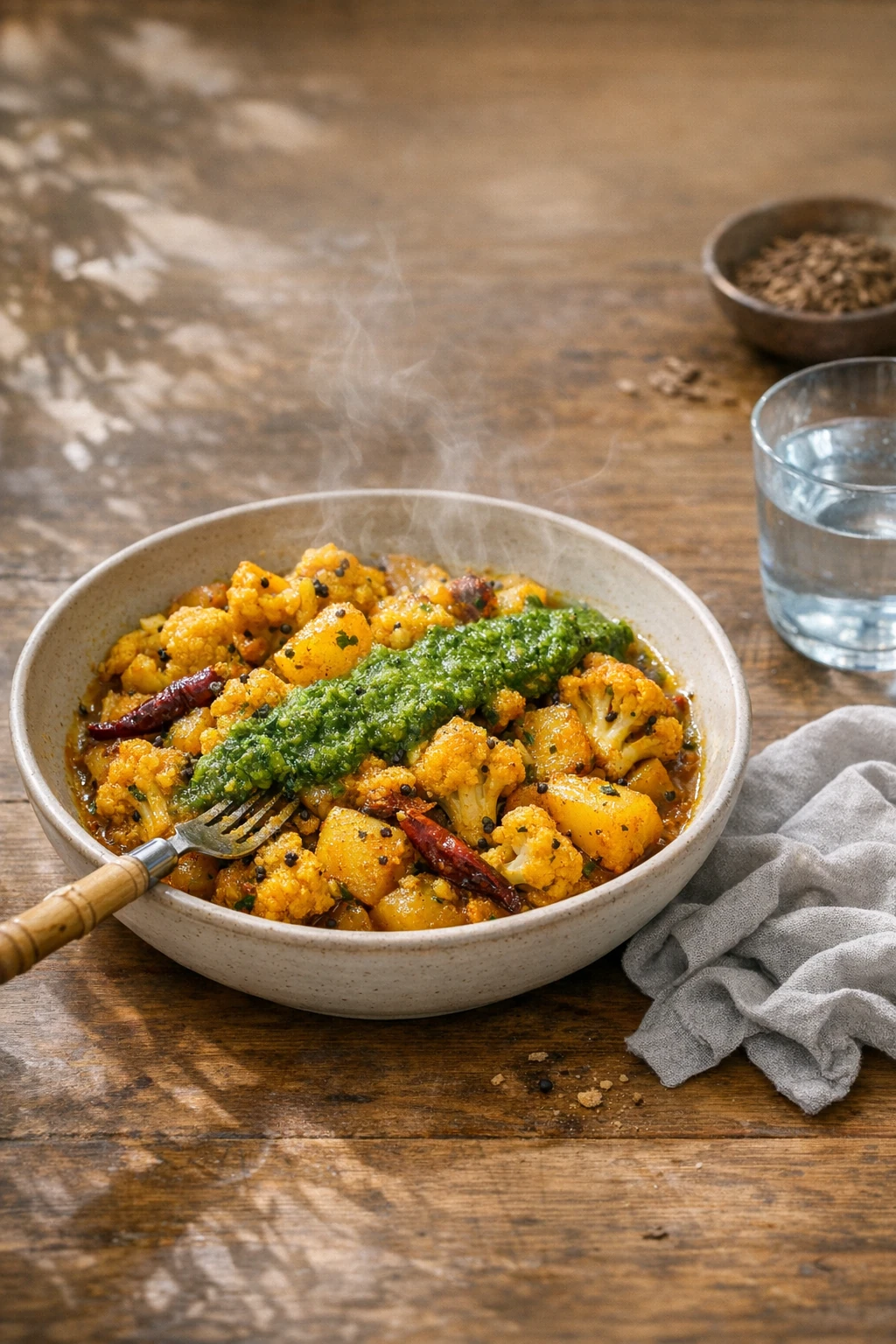 Aloo Gobi with Whole Spice Tadka and Spring Herb Chutney