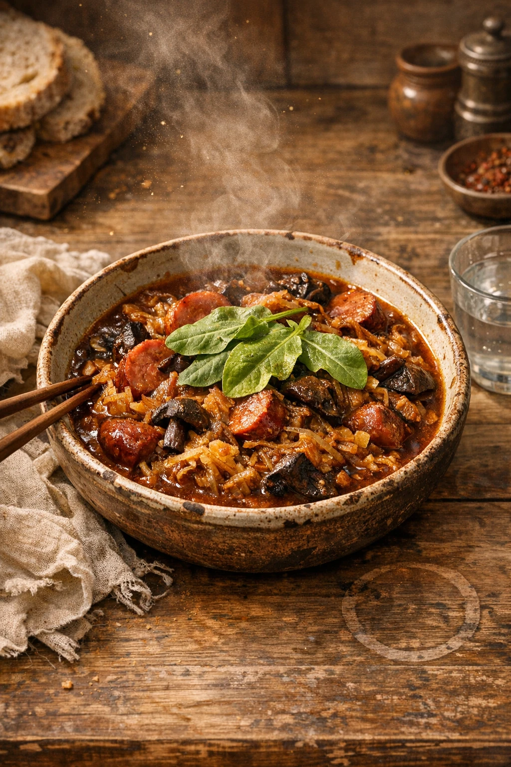 Bigos: Polish Hunter's Stew with Sauerkraut, Sausage, and Spring Sorrel Finish