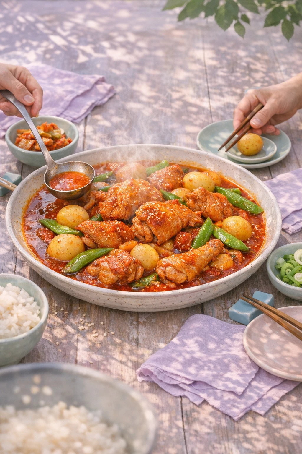 Dakdoritang: Spring-Light Spicy Braised Chicken with Baby Potatoes and Snap Peas