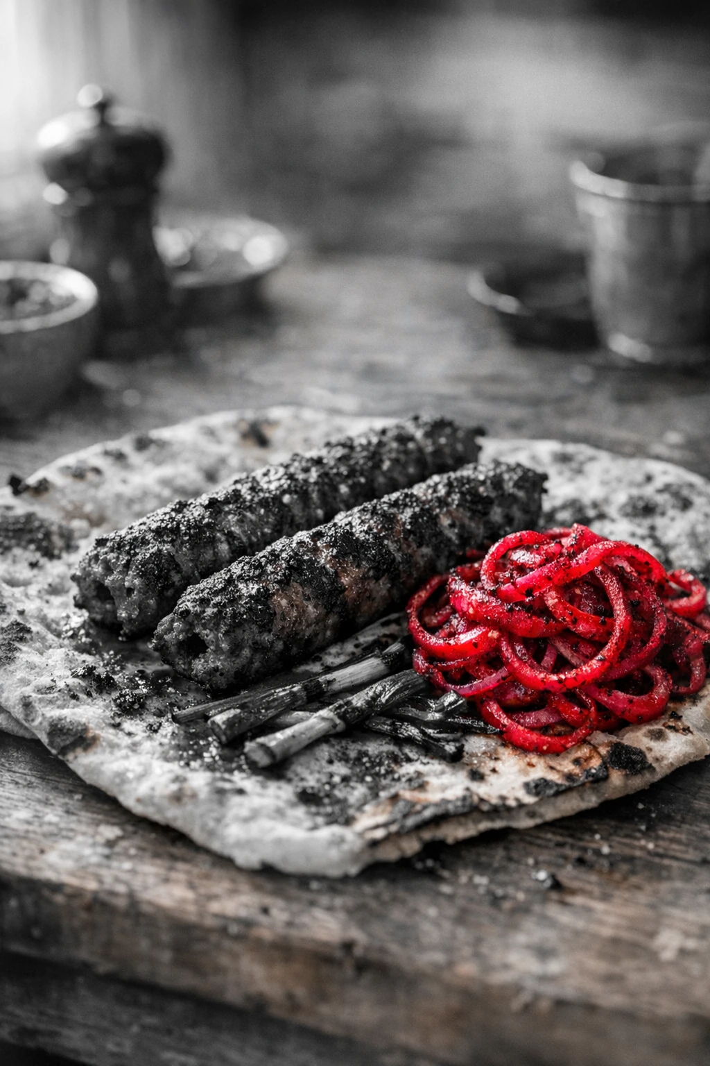 Adana Kebab: Hand-Minced Spicy Lamb Skewers with Sumac Onions and Charred Spring Flatbread
