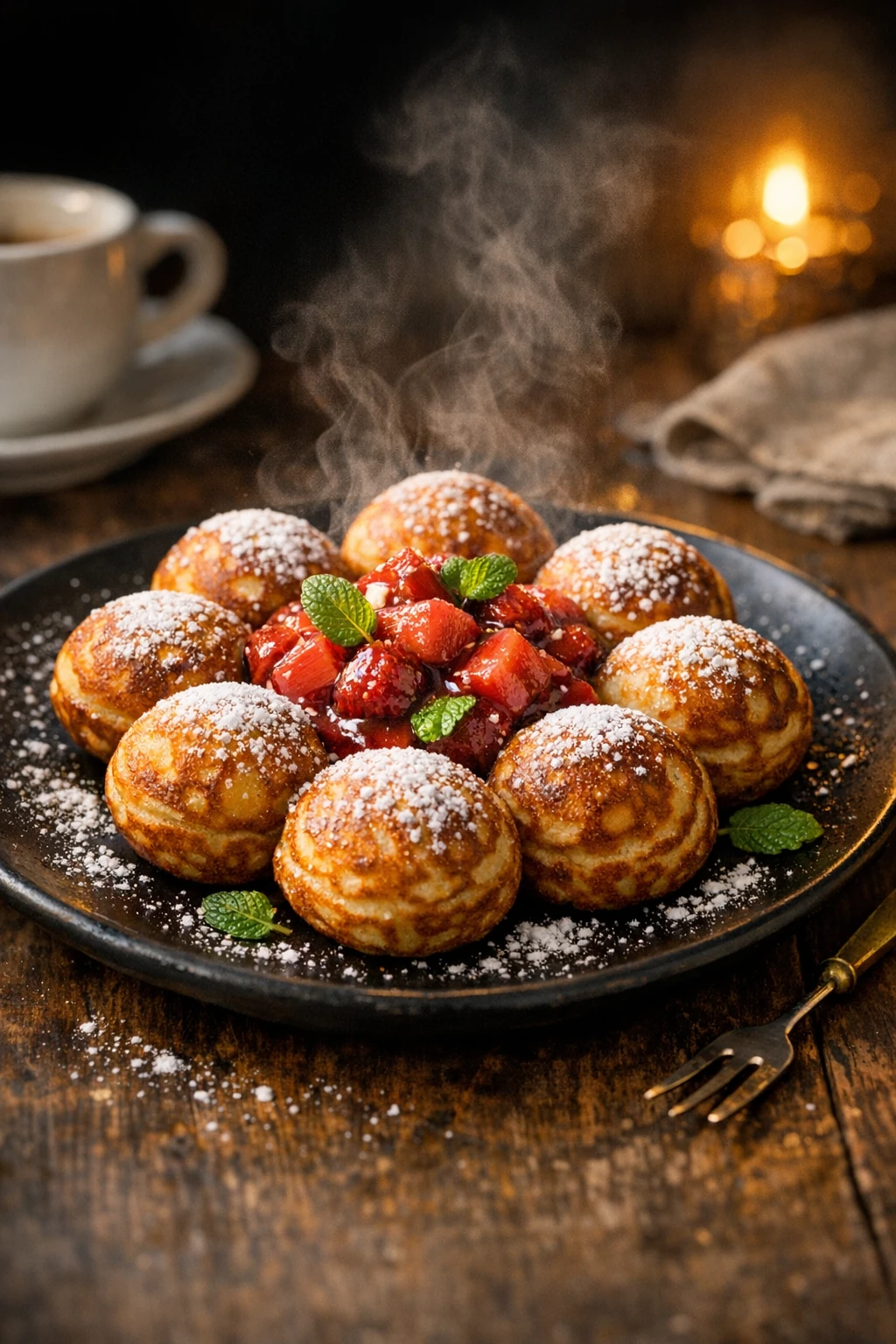 Aebleskiver: Danish Spherical Pancake Puffs with Spring Rhubarb Compote