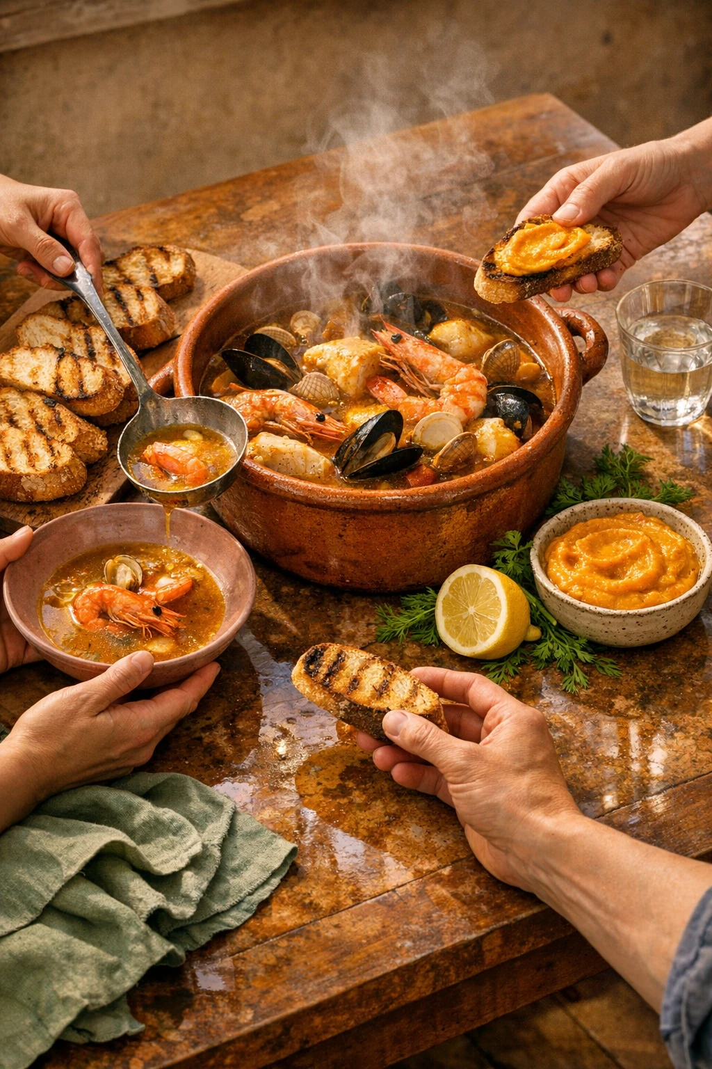 Bouillabaisse Provencale with Saffron Rouille and Grilled Baguette