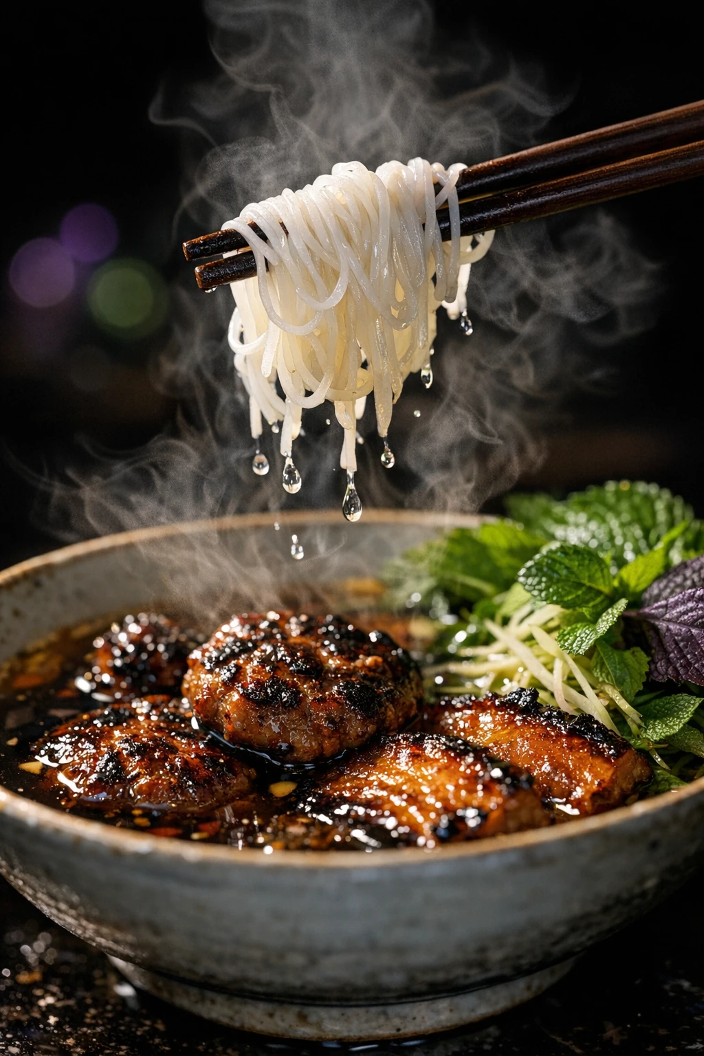 Bun Cha Ha Noi: Charcoal-Grilled Pork Patties and Belly with Rice Vermicelli in Sweet-Sour Broth