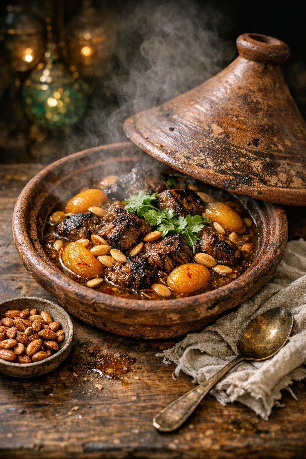 Charcoal-Kissed Lamb Tagine with Saffron Apricots and Toasted Almonds