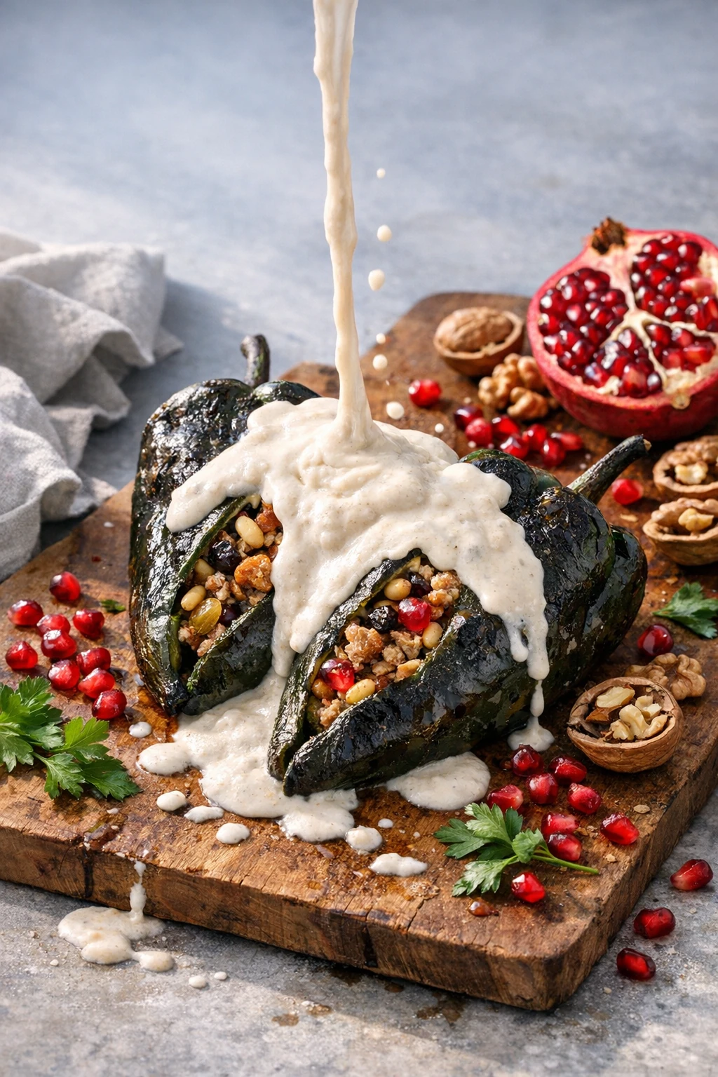 Chiles en Nogada: Patriotic Stuffed Poblanos with Walnut Cream and Pomegranate