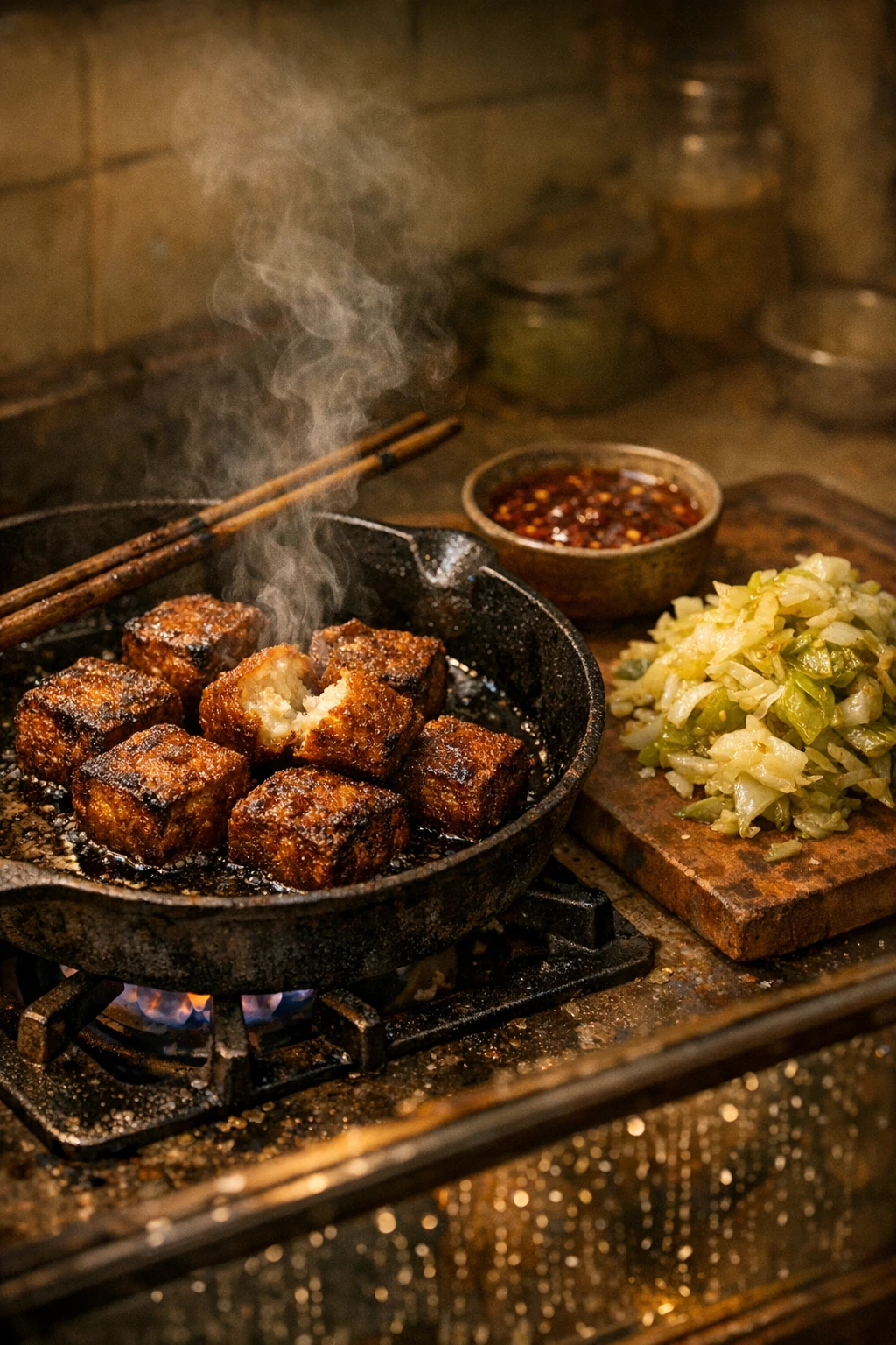Chou Doufu: Night Market Crispy Stinky Tofu with Spring Pickled Cabbage and Sweet Garlic Chili Sauce