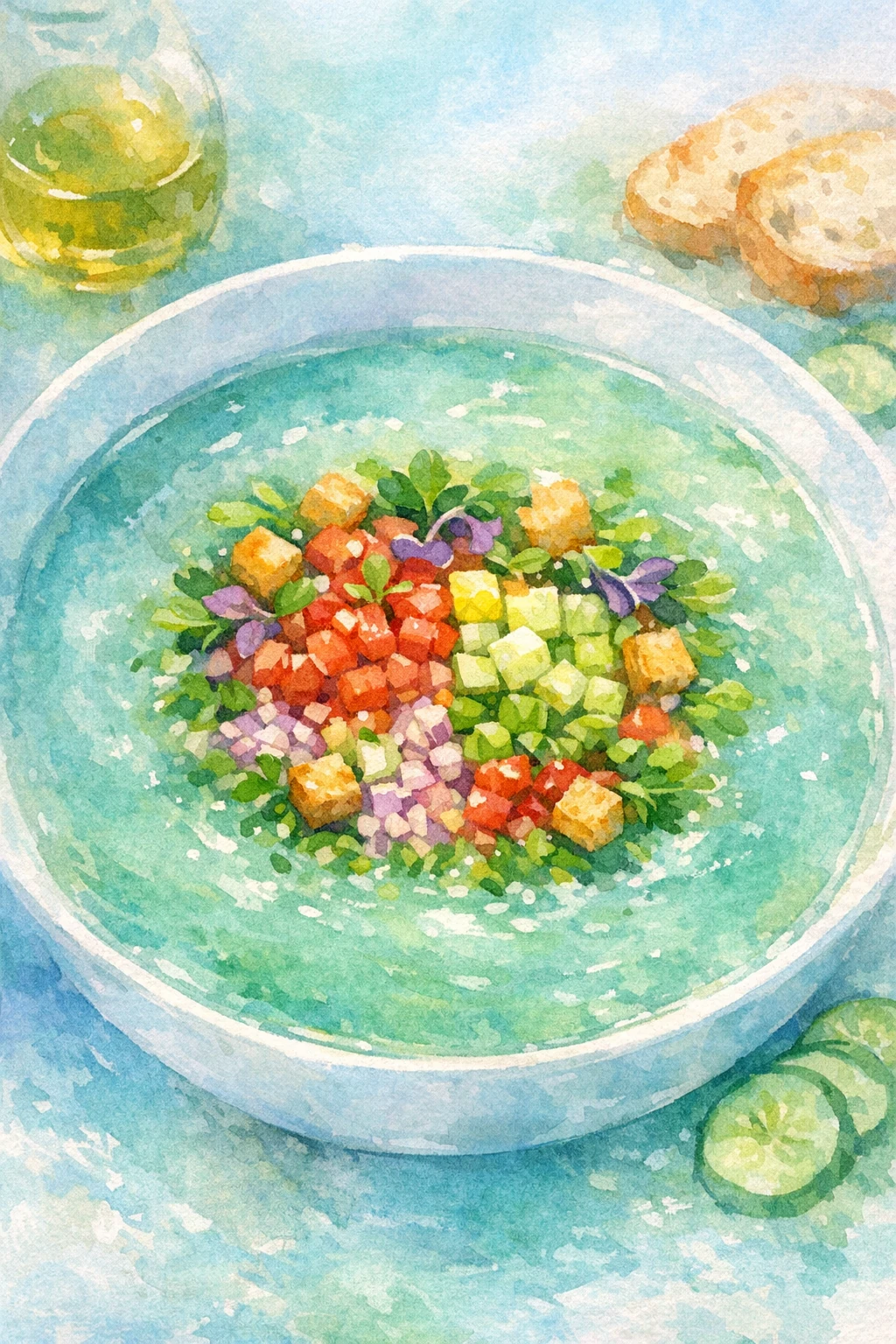 Gazpacho Andaluz with Spring Garden Garnish Mosaic