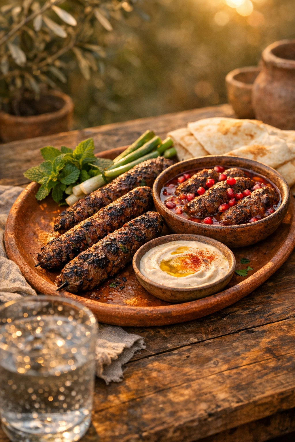 Kafta Meshwiye: Grilled Spiced Lamb Skewers with Slow-Braised Tomato-Pomegranate Variation