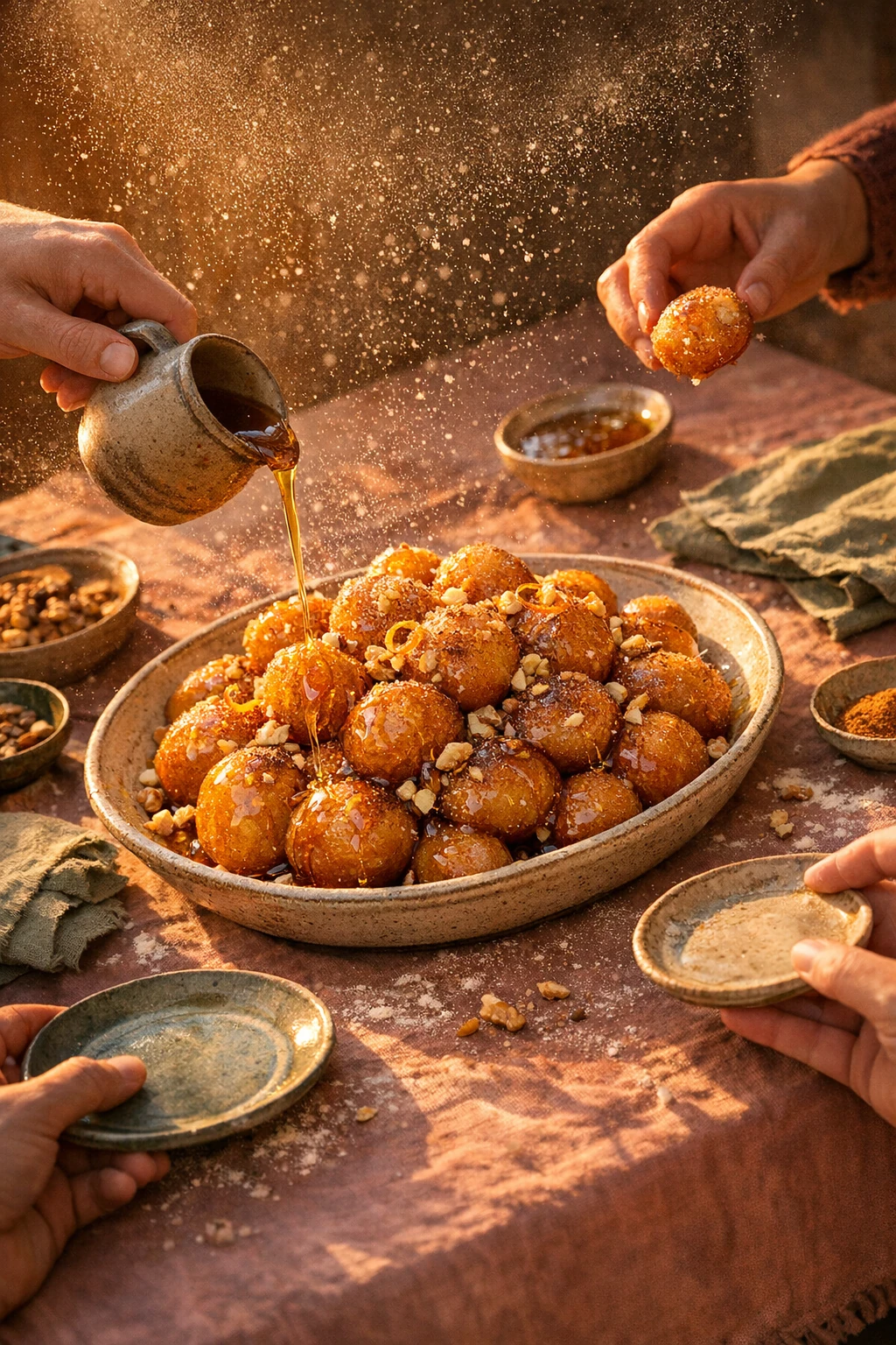 Loukoumades: Honey-Drizzled Greek Doughnuts with Orange Blossom and Toasted Walnuts