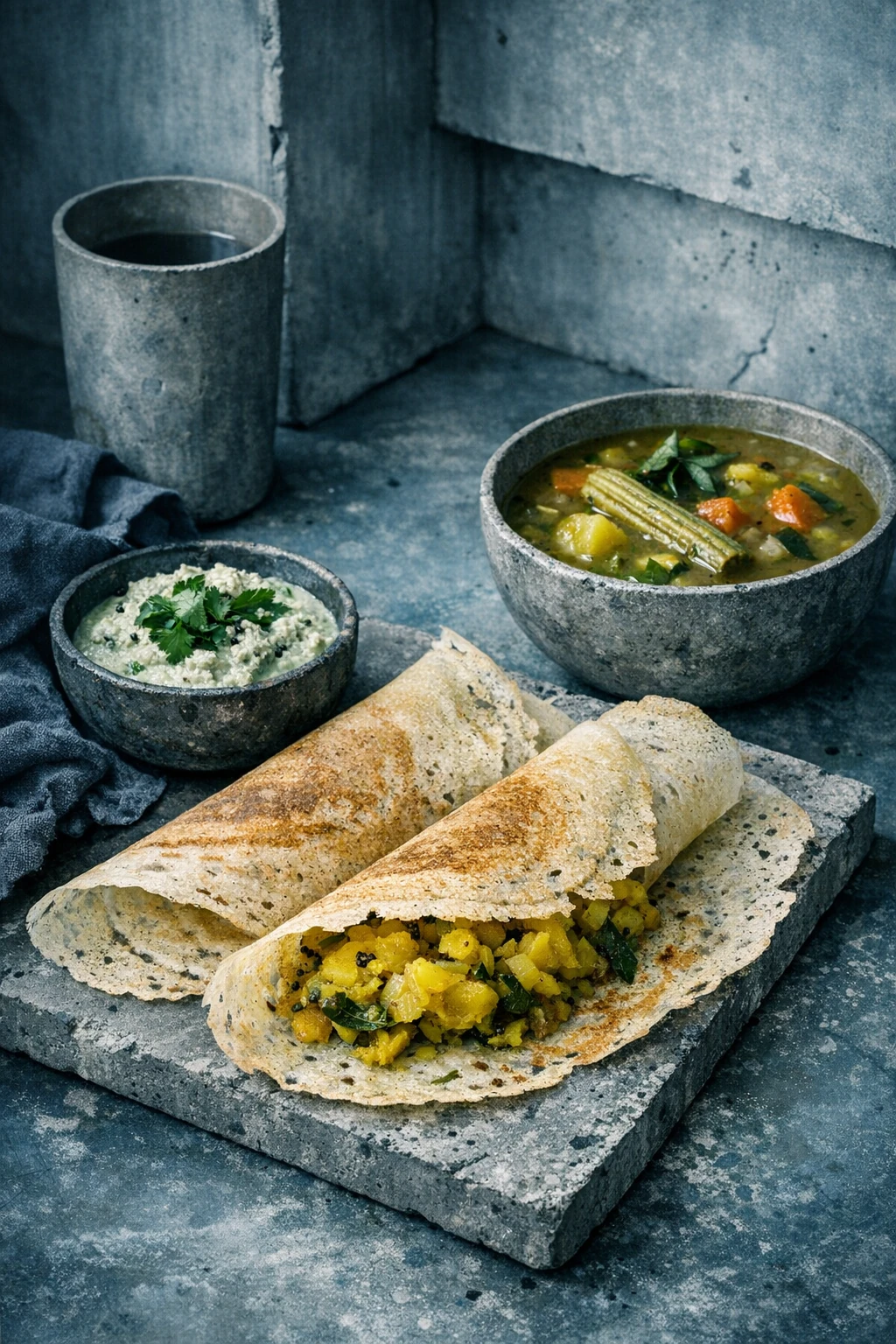 Masala Dosa with Spring Sambar & Coconut Chutney