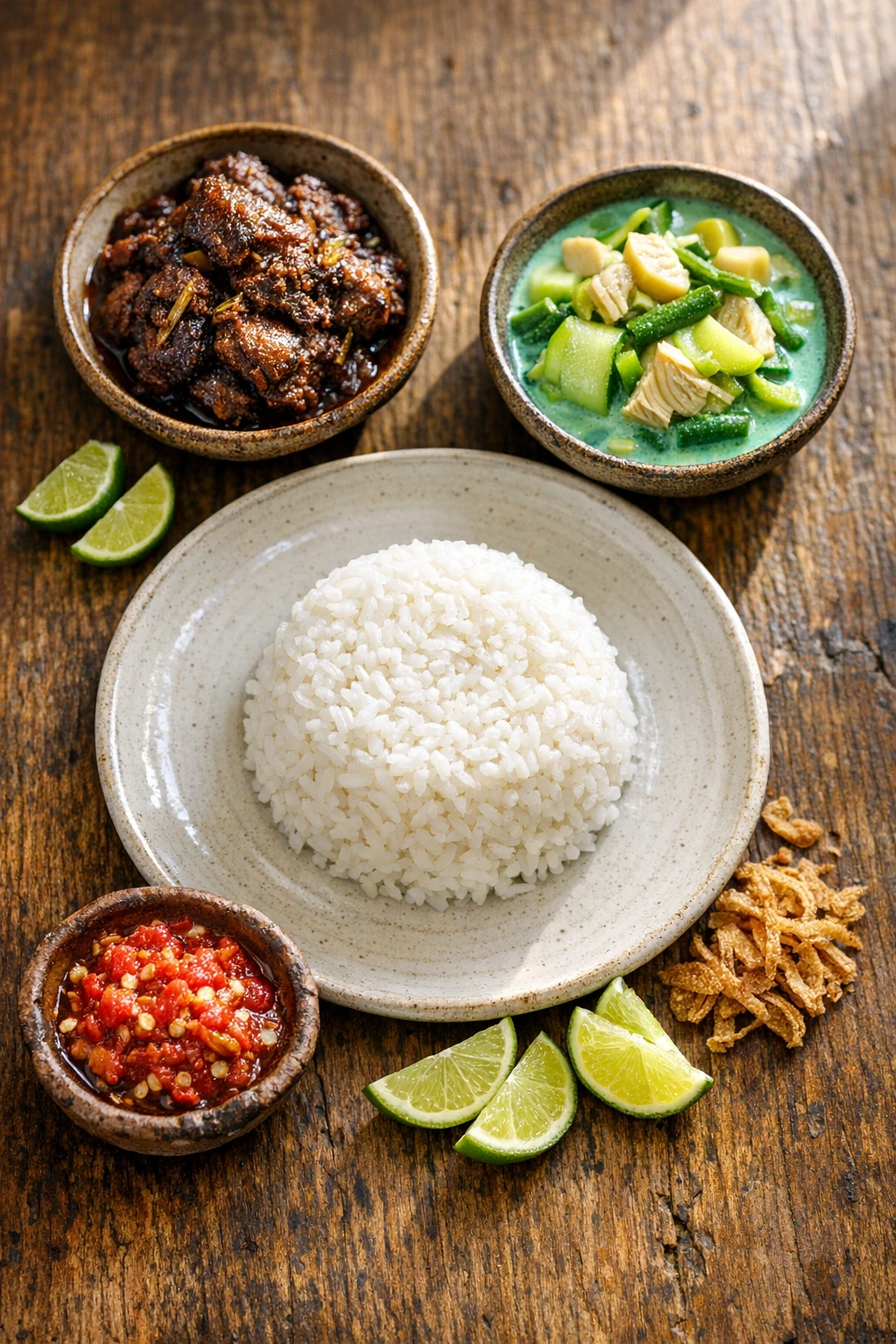 Nasi Padang: Minang-Style Rice Platter with Chicken Rendang and Spring Sayur Lodeh