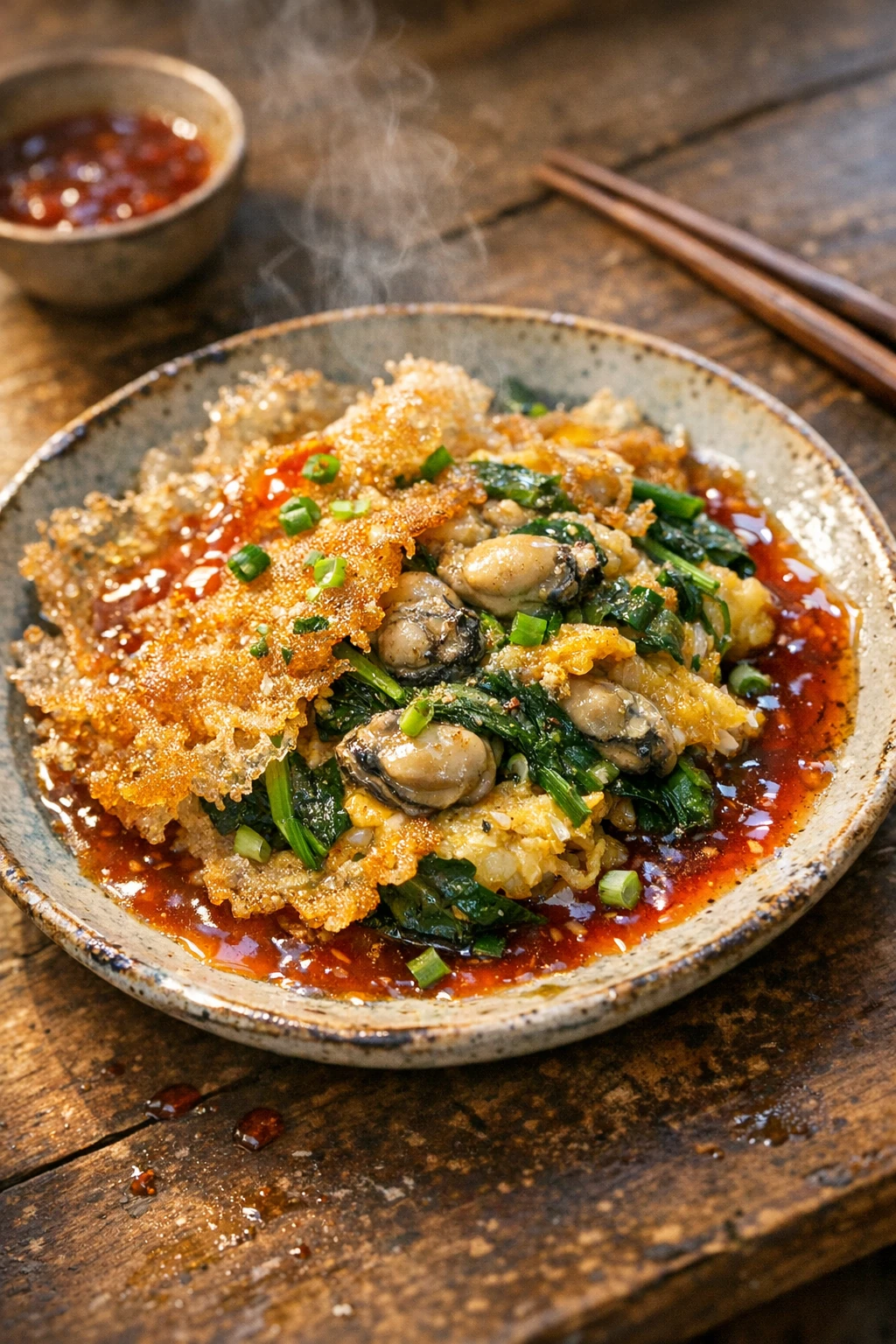 O-a-jian - Night Market Oyster Omelette with Crispy Starch Lace and Sweet Chili Glaze