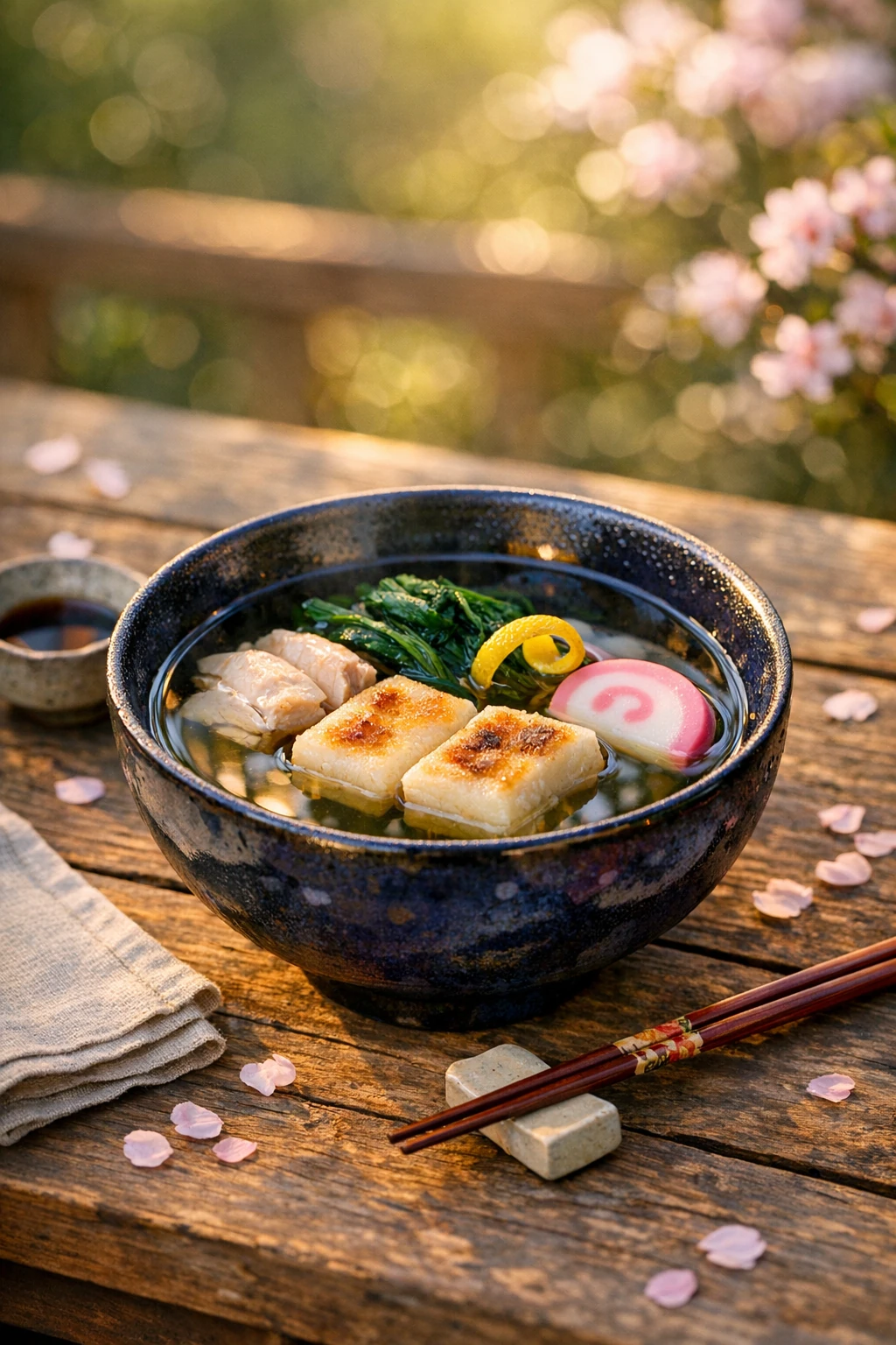Ozoni, Pan-Fried Mochi in Crystal-Clear Dashi with Spring Vegetables
