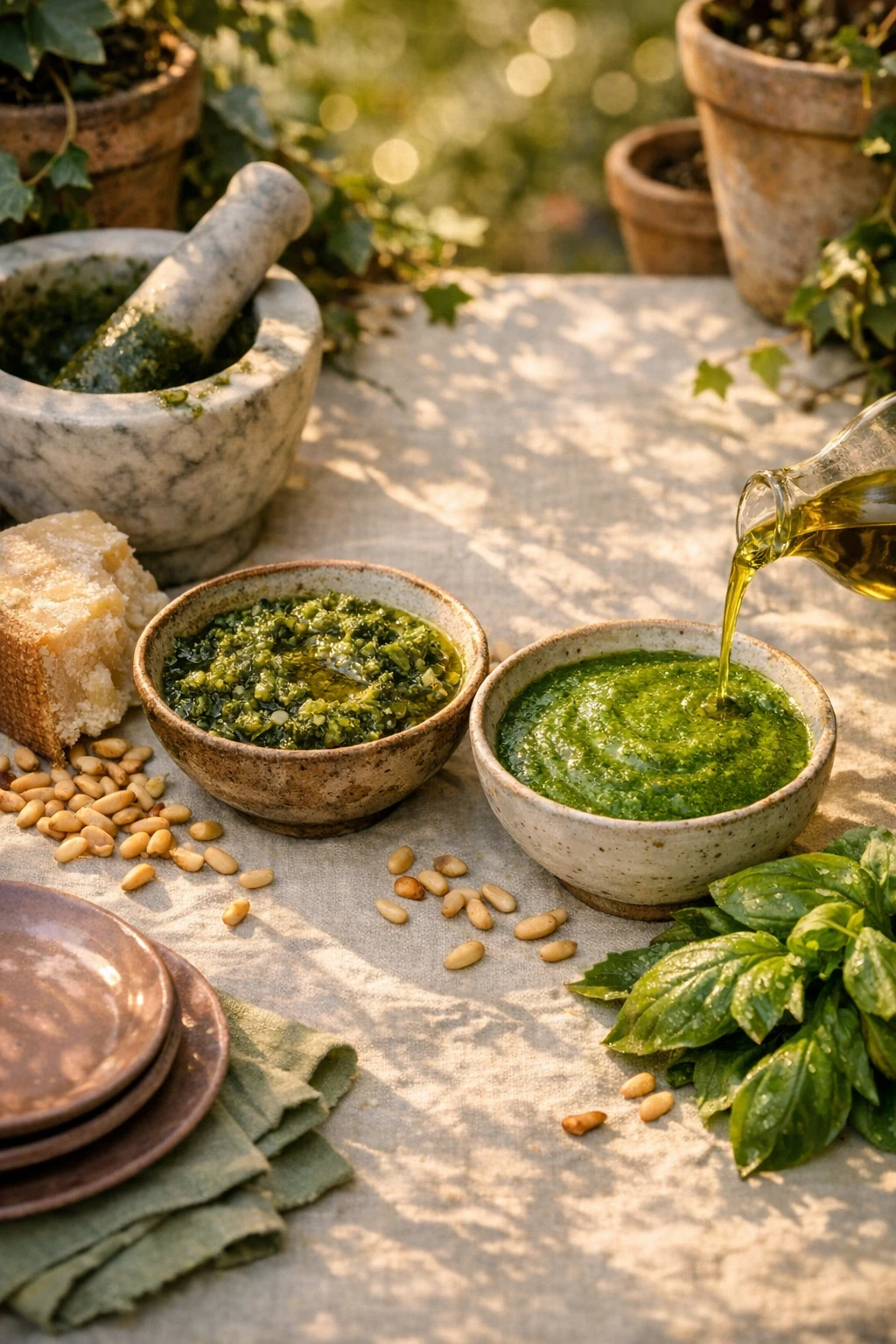 Pesto Genovese Two Ways: Mortar-Pounded and Blender-Quick