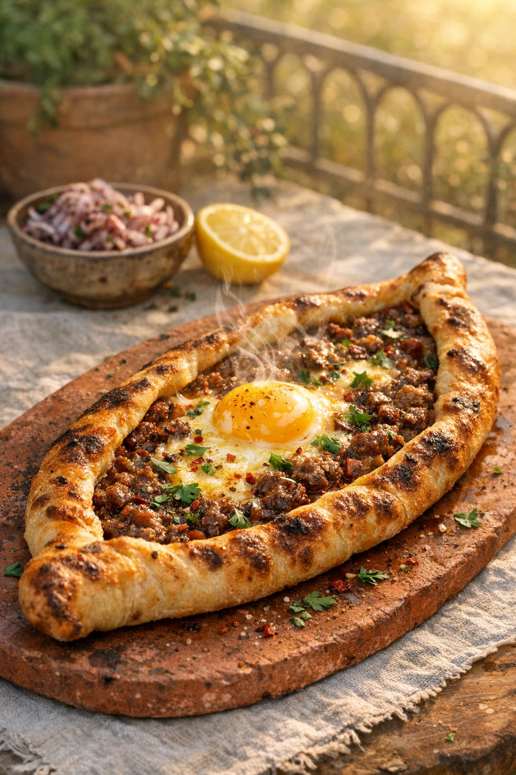 Pide: Boat-Shaped Turkish Pizza with Egg and Spiced Lamb