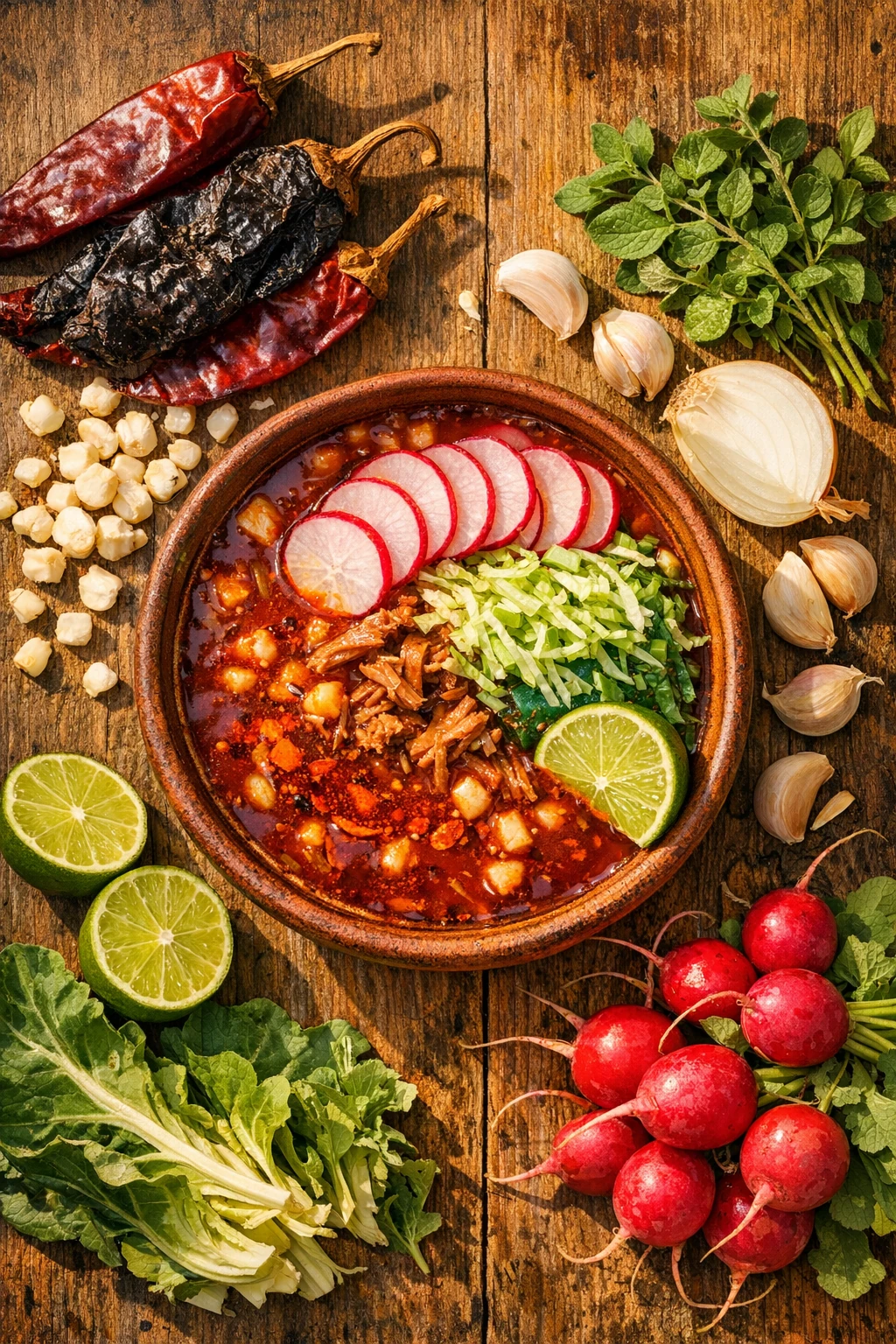 Pozole Rojo: Ancestral Hominy Stew with Guajillo-Ancho Broth
