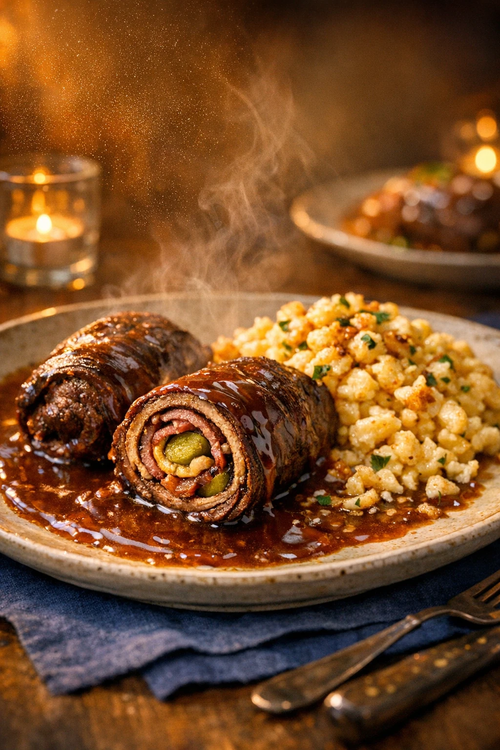 Rouladen: Beef Rolls Stuffed with Mustard, Pickles, and Bacon