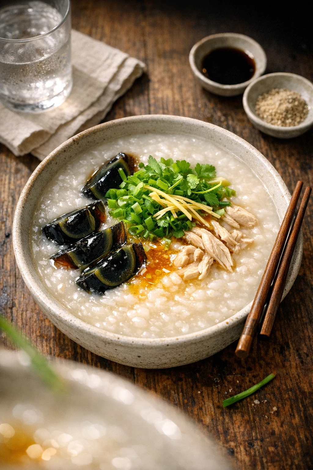 Silky Century Egg Congee with Spring Herb Garden