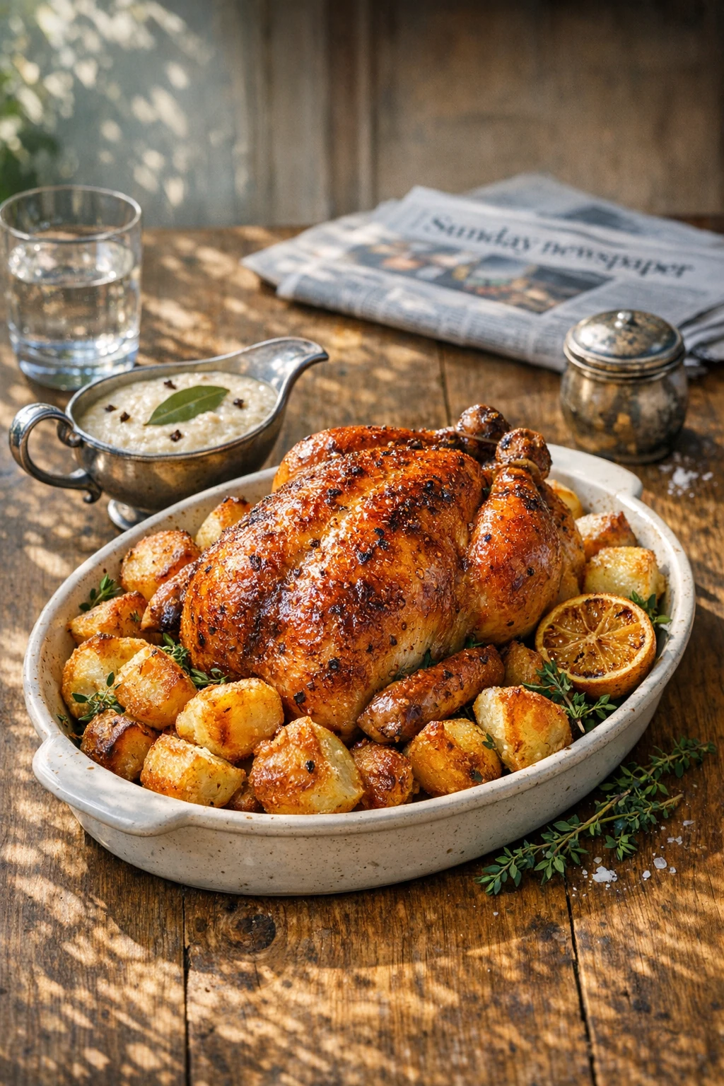 Sunday Roast Chicken with Bread Sauce & Crispy Potatoes